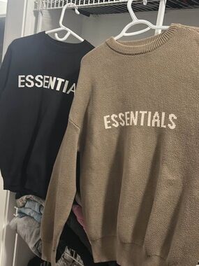 ESSENTIALS Crewneck Sweater in Black and Taupe with White Logo